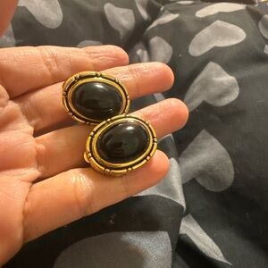 Vintage Gold-Tone Black Oval Clip-On Earrings - Classic Women's Jewelry